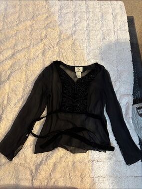 Vintage Sheer Black Embellished V-Neck Women's Top tie back